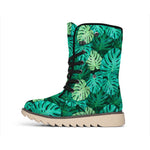 Green Tropical Monstera Pattern Print Winter Boots