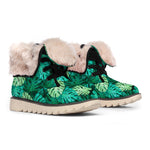 Green Tropical Monstera Pattern Print Winter Boots