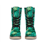 Green Tropical Monstera Pattern Print Winter Boots