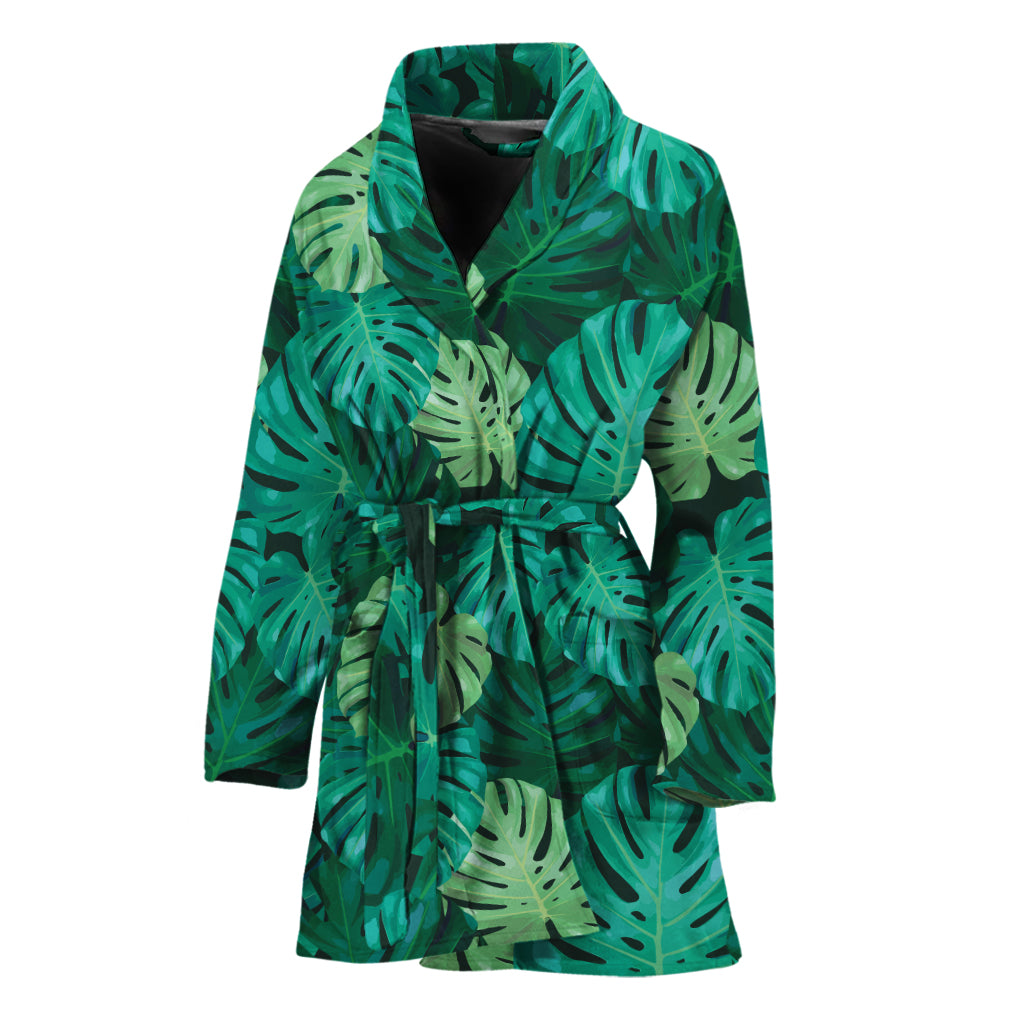 Green Tropical Monstera Pattern Print Women's Bathrobe