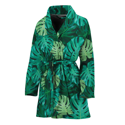 Green Tropical Monstera Pattern Print Women's Bathrobe