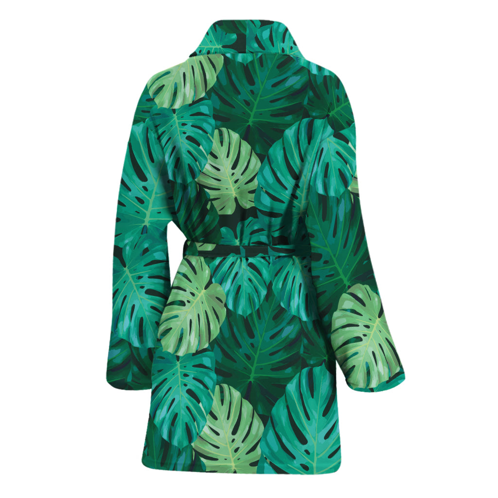 Green Tropical Monstera Pattern Print Women's Bathrobe