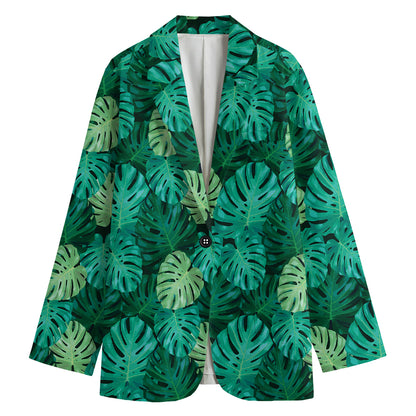 Green Tropical Monstera Pattern Print Women's Blazer