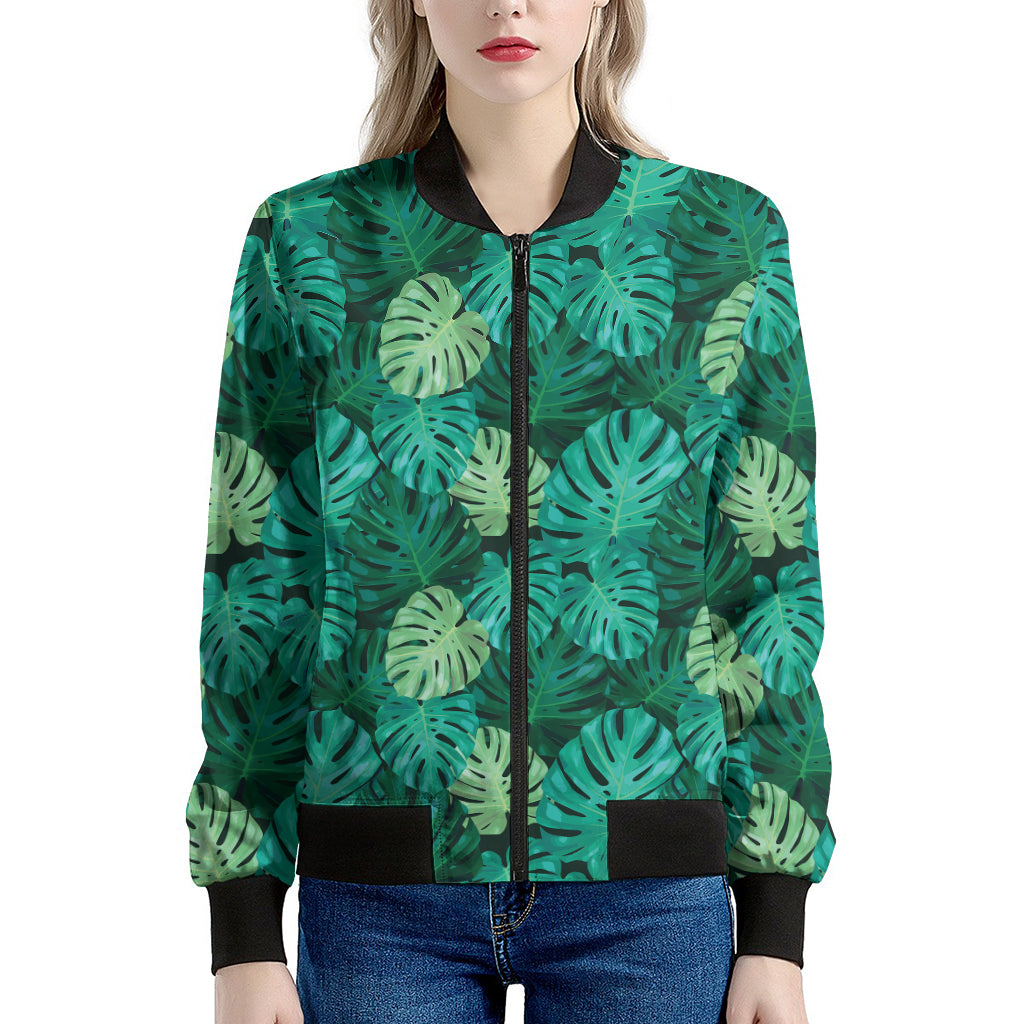 Green Tropical Monstera Pattern Print Women's Bomber Jacket
