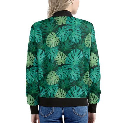 Green Tropical Monstera Pattern Print Women's Bomber Jacket