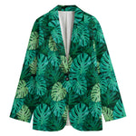 Green Tropical Monstera Pattern Print Women's Cotton Blazer