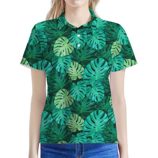 Green Tropical Monstera Pattern Print Women's Polo Shirt