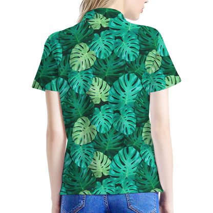 Green Tropical Monstera Pattern Print Women's Polo Shirt