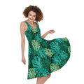 Green Tropical Monstera Pattern Print Sleeveless Knee Length Dress