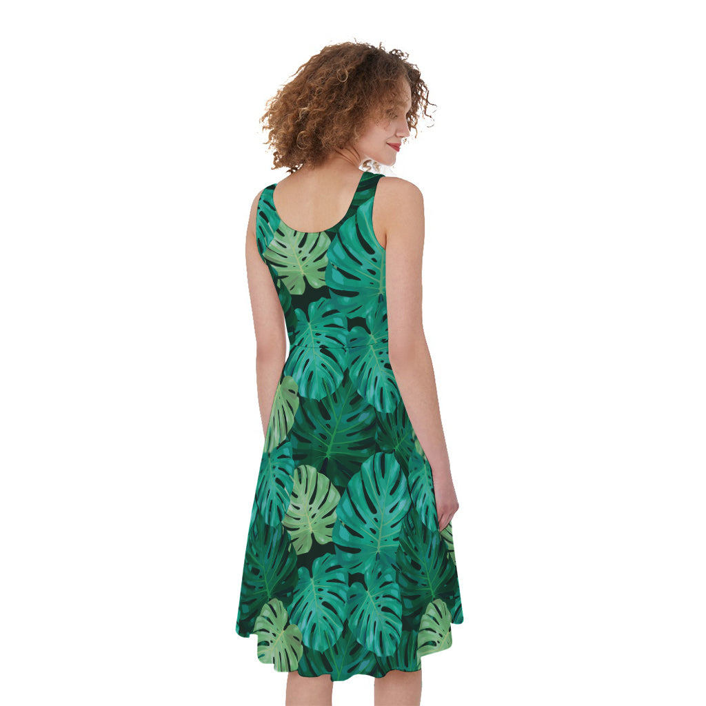 Green Tropical Monstera Pattern Print Women's Sleeveless Dress