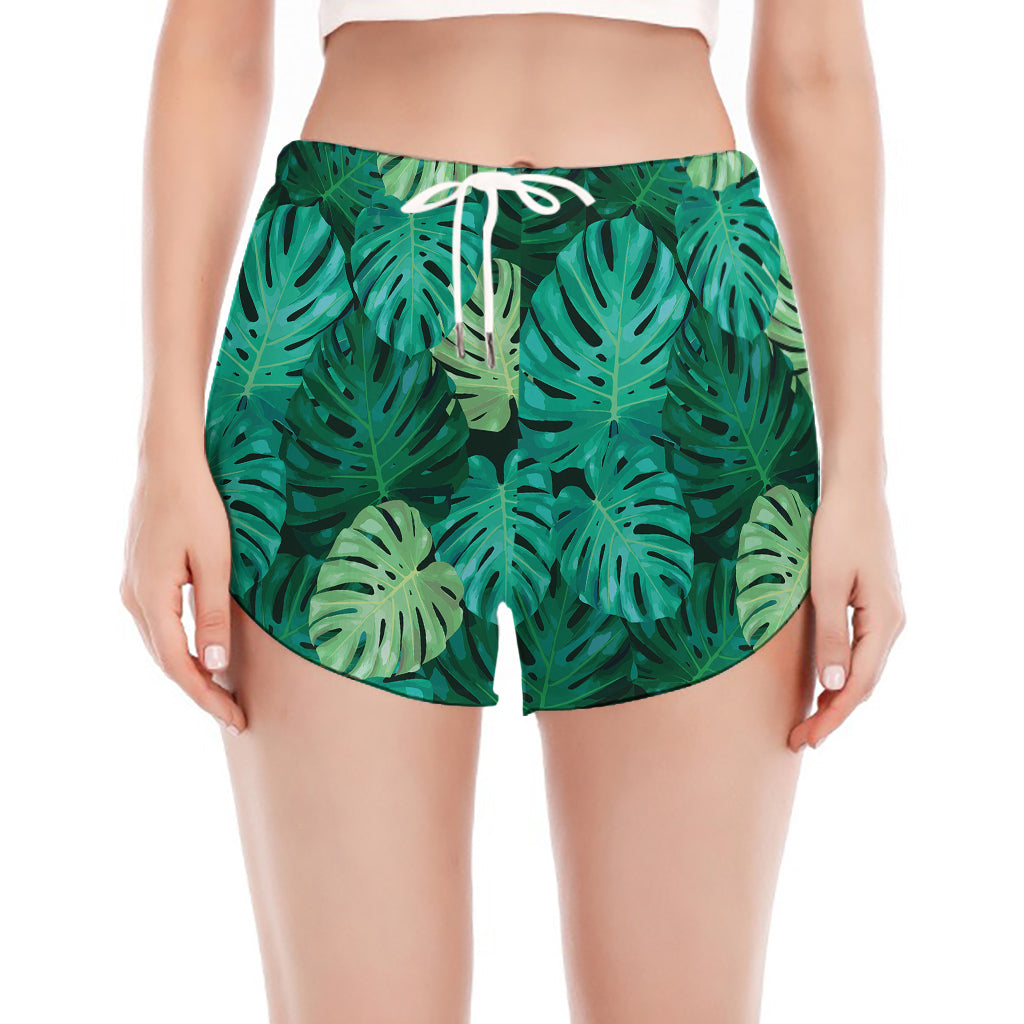 Green Tropical Monstera Pattern Print Women's Split Running Shorts