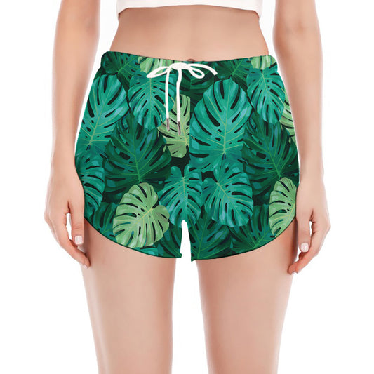 Green Tropical Monstera Pattern Print Women's Split Running Shorts