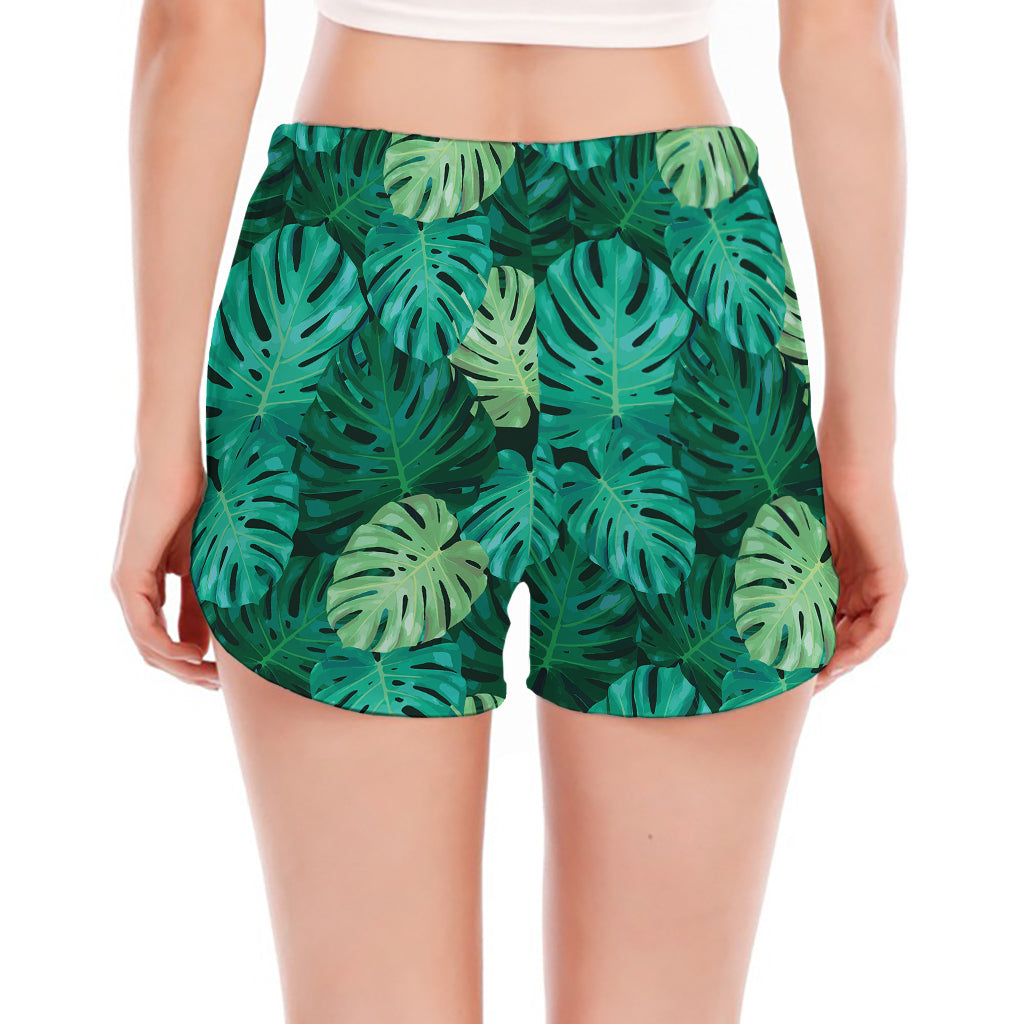 Green Tropical Monstera Pattern Print Women's Split Running Shorts