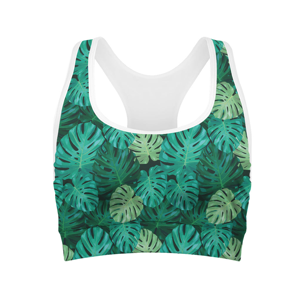 Green Tropical Monstera Pattern Print Women's Sports Bra