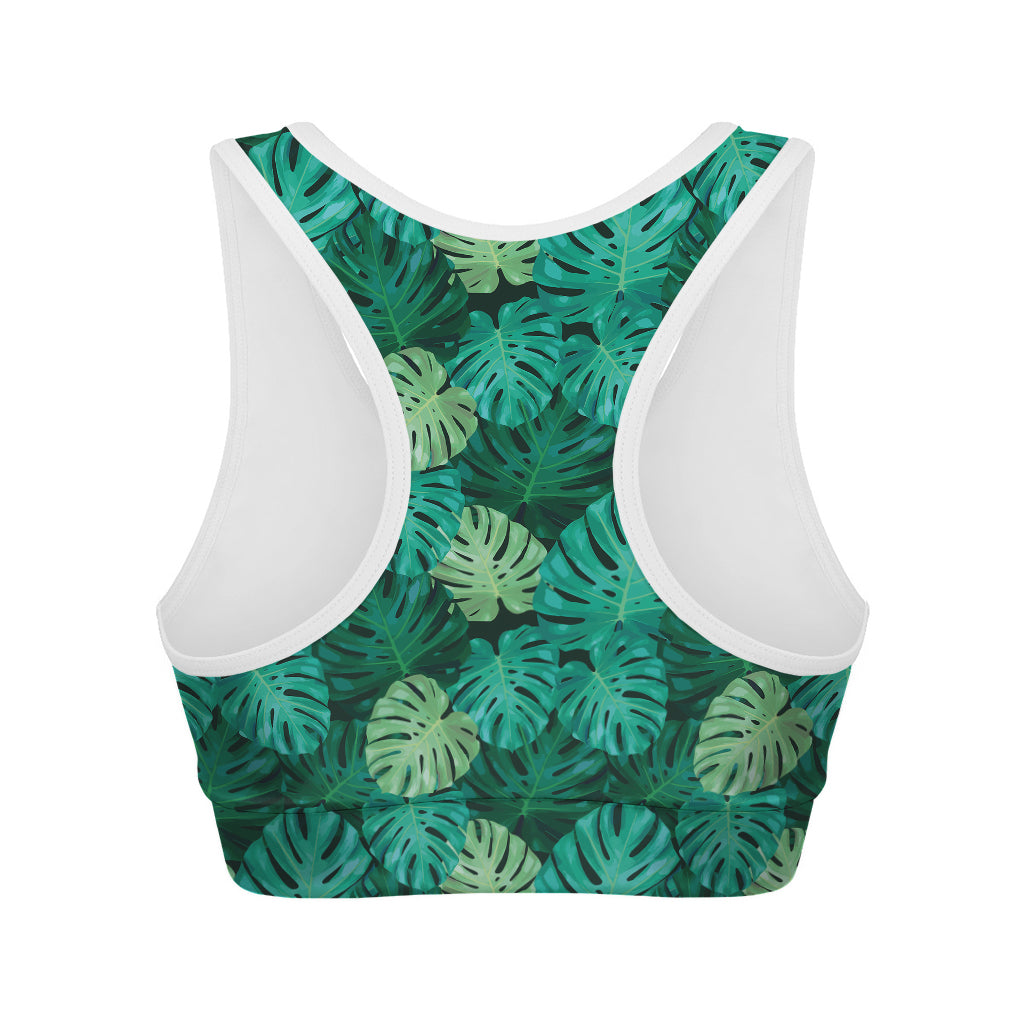 Green Tropical Monstera Pattern Print Women's Sports Bra