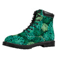 Green Tropical Monstera Pattern Print Padded Collar Lace Up Boots