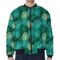 Green Tropical Monstera Pattern Print Zip Sleeve Bomber Jacket