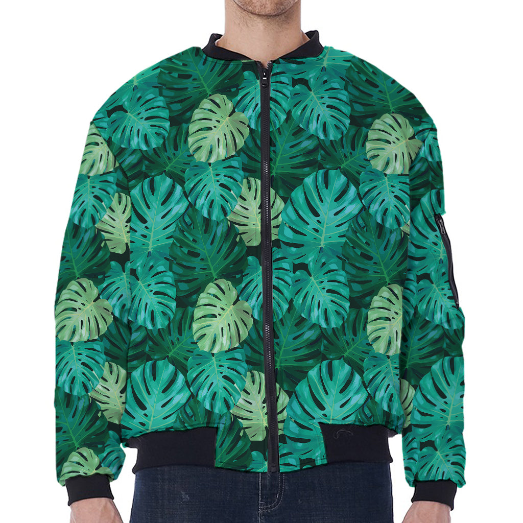 Green Tropical Monstera Pattern Print Zip Sleeve Bomber Jacket