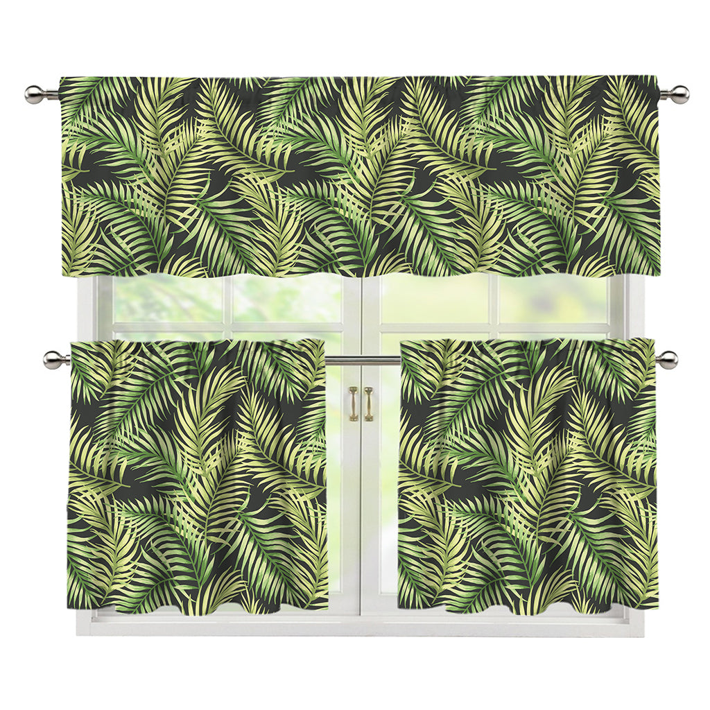 Green Tropical Palm Leaf Pattern Print 3 Piece Kitchen Curtains