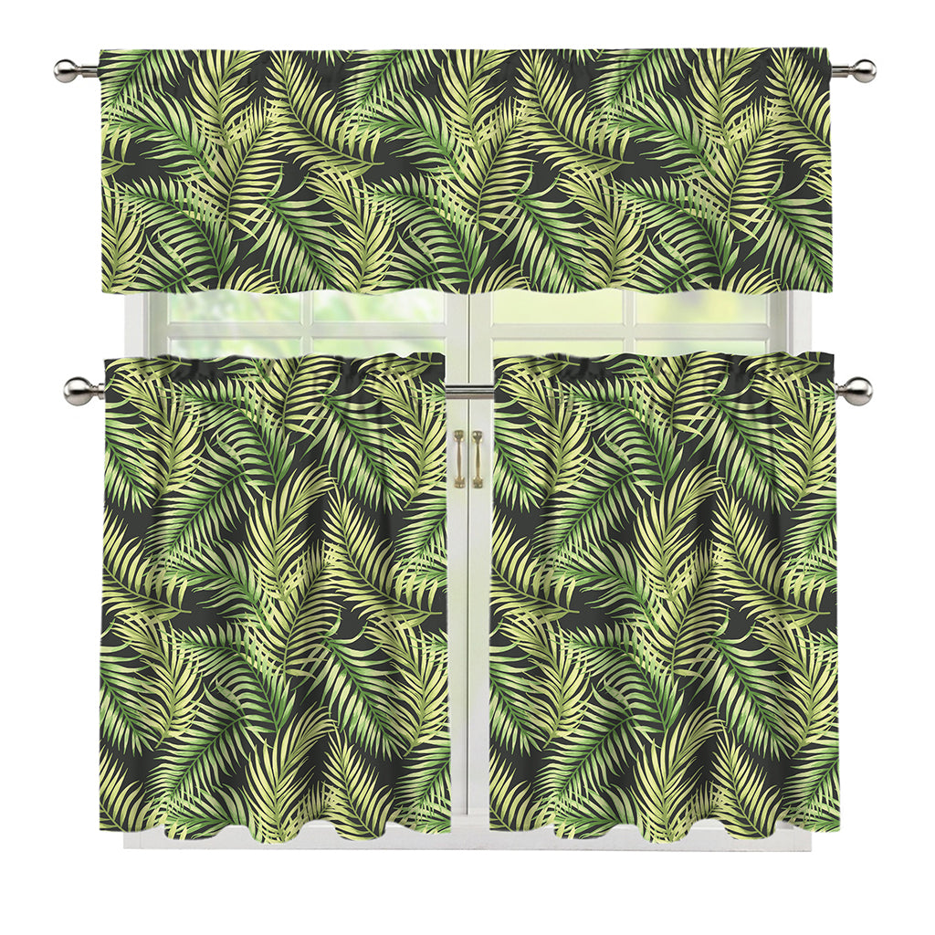 Green Tropical Palm Leaf Pattern Print 3 Piece Kitchen Curtains