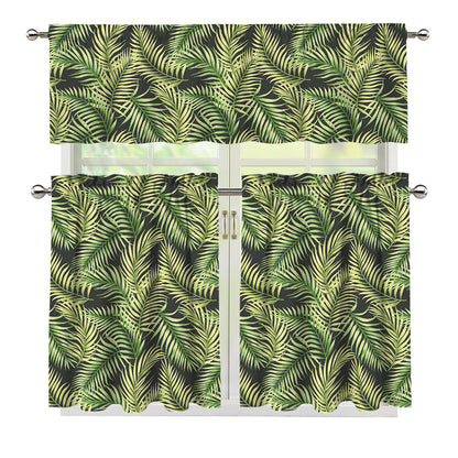 Green Tropical Palm Leaf Pattern Print 3 Piece Kitchen Curtains