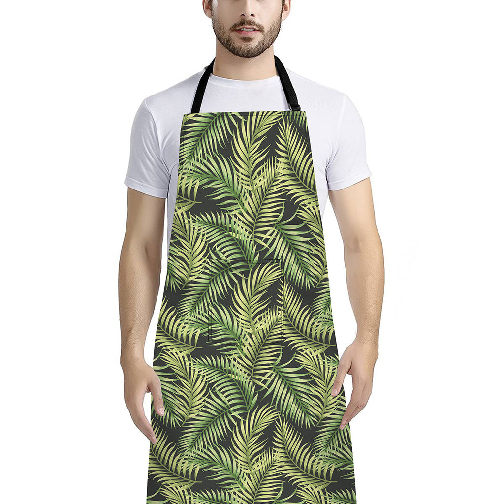 Green Tropical Palm Leaf Pattern Print Bib Apron With Pocket