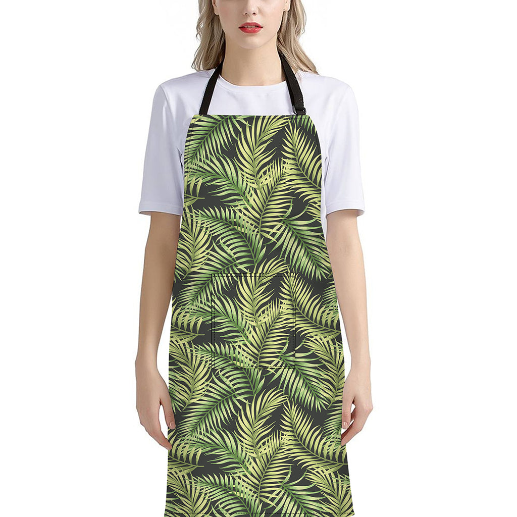 Green Tropical Palm Leaf Pattern Print Bib Apron With Pocket