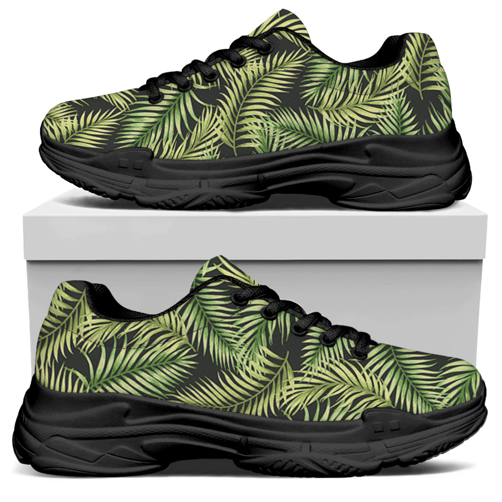 Green Tropical Palm Leaf Pattern Print Black Chunky Shoes