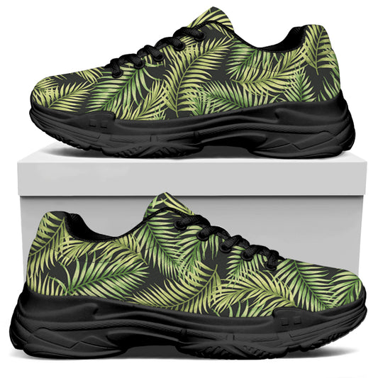 Green Tropical Palm Leaf Pattern Print Black Chunky Shoes