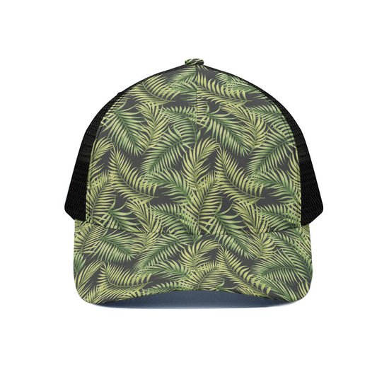 Green Tropical Palm Leaf Pattern Print Black Mesh Trucker Cap