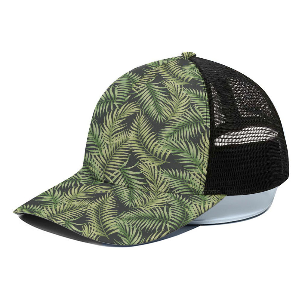 Green Tropical Palm Leaf Pattern Print Black Mesh Trucker Cap