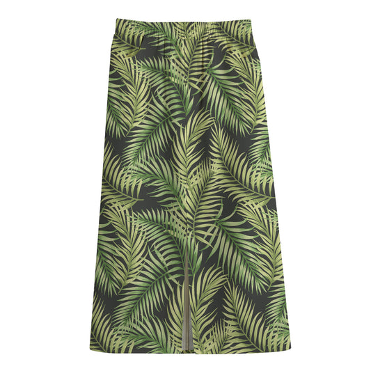 Green Tropical Palm Leaf Pattern Print Cotton Front Slit Maxi Skirt
