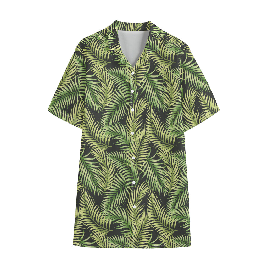 Green Tropical Palm Leaf Pattern Print Cotton Hawaiian Shirt