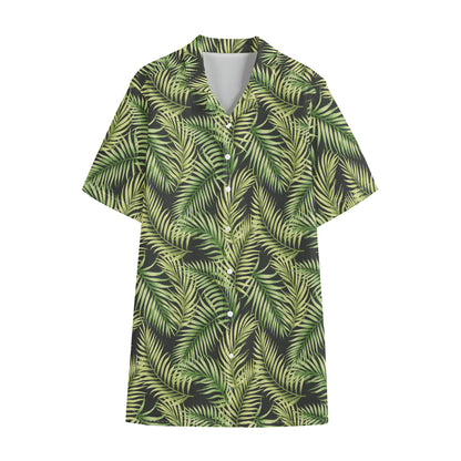 Green Tropical Palm Leaf Pattern Print Cotton Hawaiian Shirt