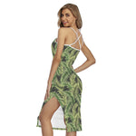 Green Tropical Palm Leaf Pattern Print Cross Back Cami Dress