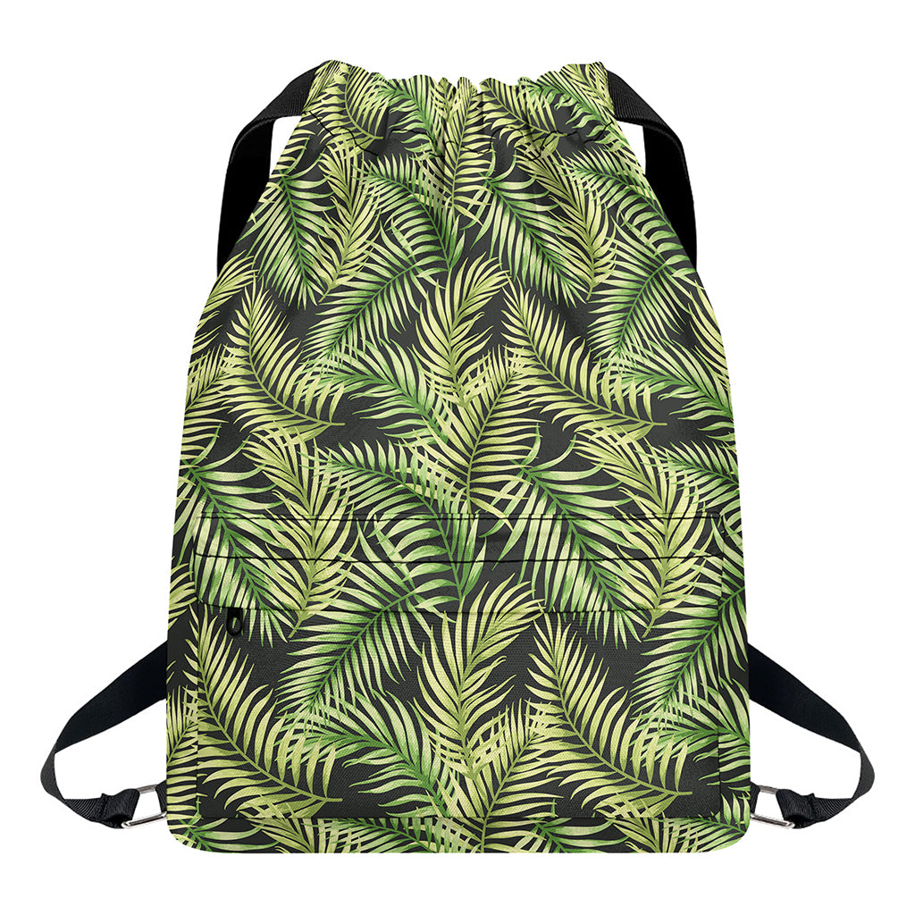 Green Tropical Palm Leaf Pattern Print Drawstring Backpack