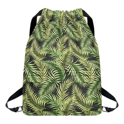 Green Tropical Palm Leaf Pattern Print Drawstring Backpack