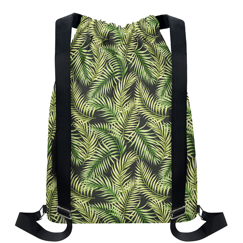 Green Tropical Palm Leaf Pattern Print Drawstring Backpack
