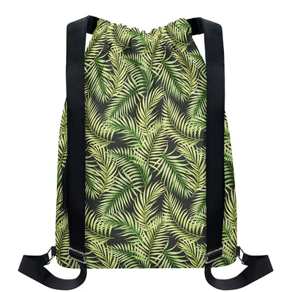 Green Tropical Palm Leaf Pattern Print Drawstring Backpack