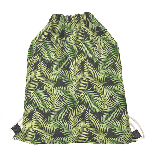 Green Tropical Palm Leaf Pattern Print Drawstring Bag