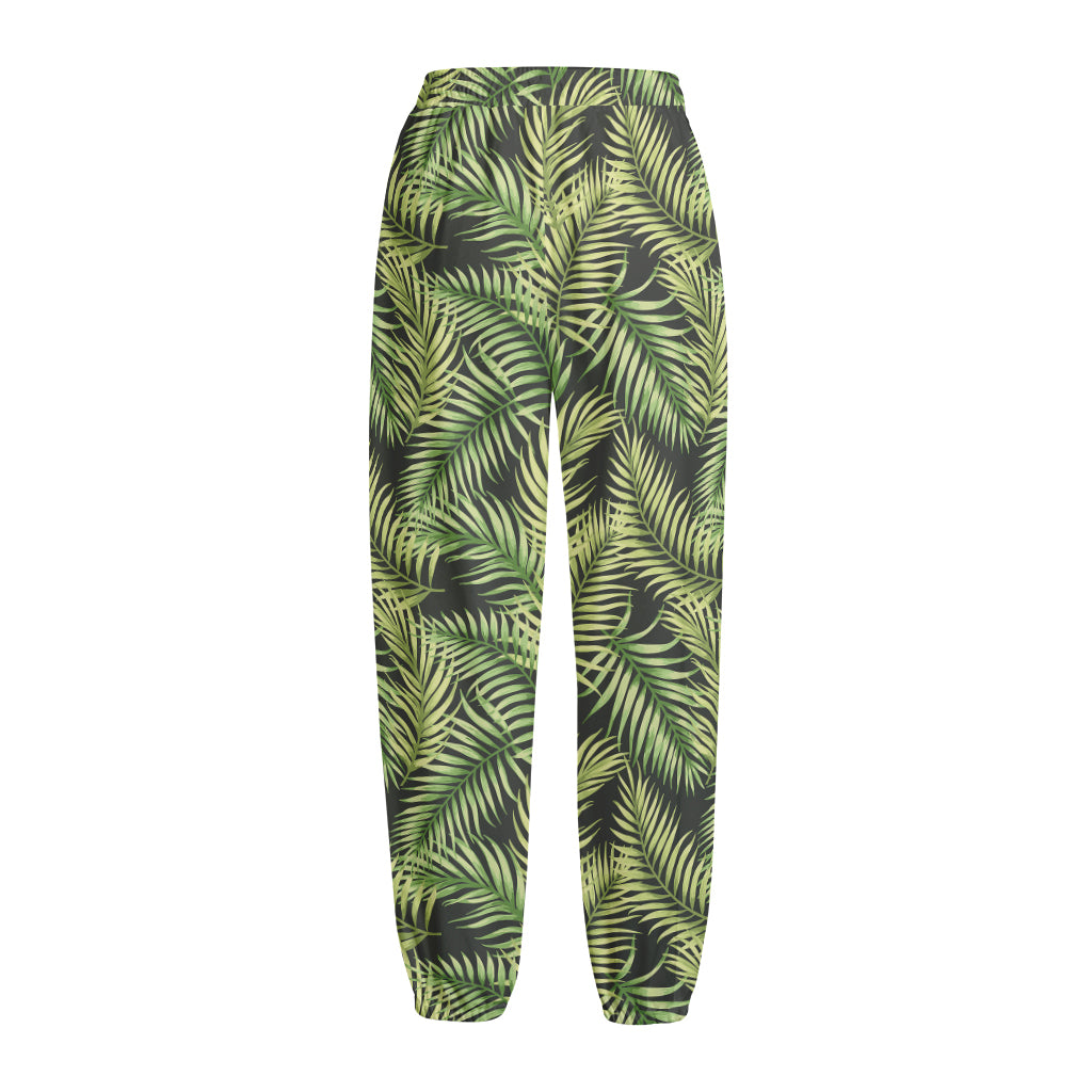 Green Tropical Palm Leaf Pattern Print Fleece Lined Knit Pants