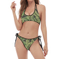 Green Tropical Palm Leaf Pattern Print Halter Scoop Tie Side Bikini