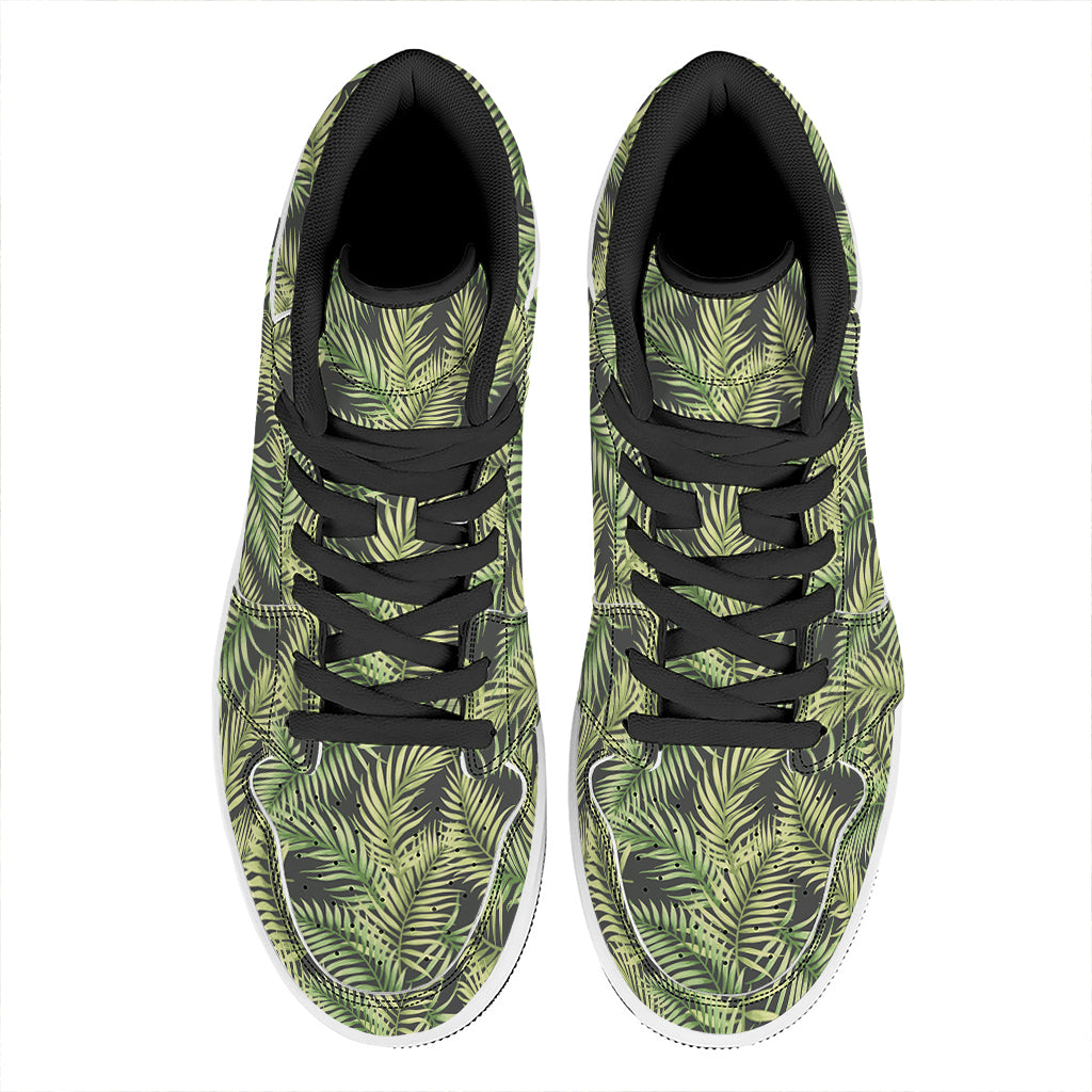 Green Tropical Palm Leaf Pattern Print High Top Leather Sneakers