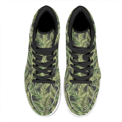 Green Tropical Palm Leaf Pattern Print High Top Leather Sneakers