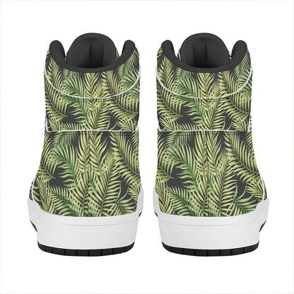 Green Tropical Palm Leaf Pattern Print High Top Leather Sneakers