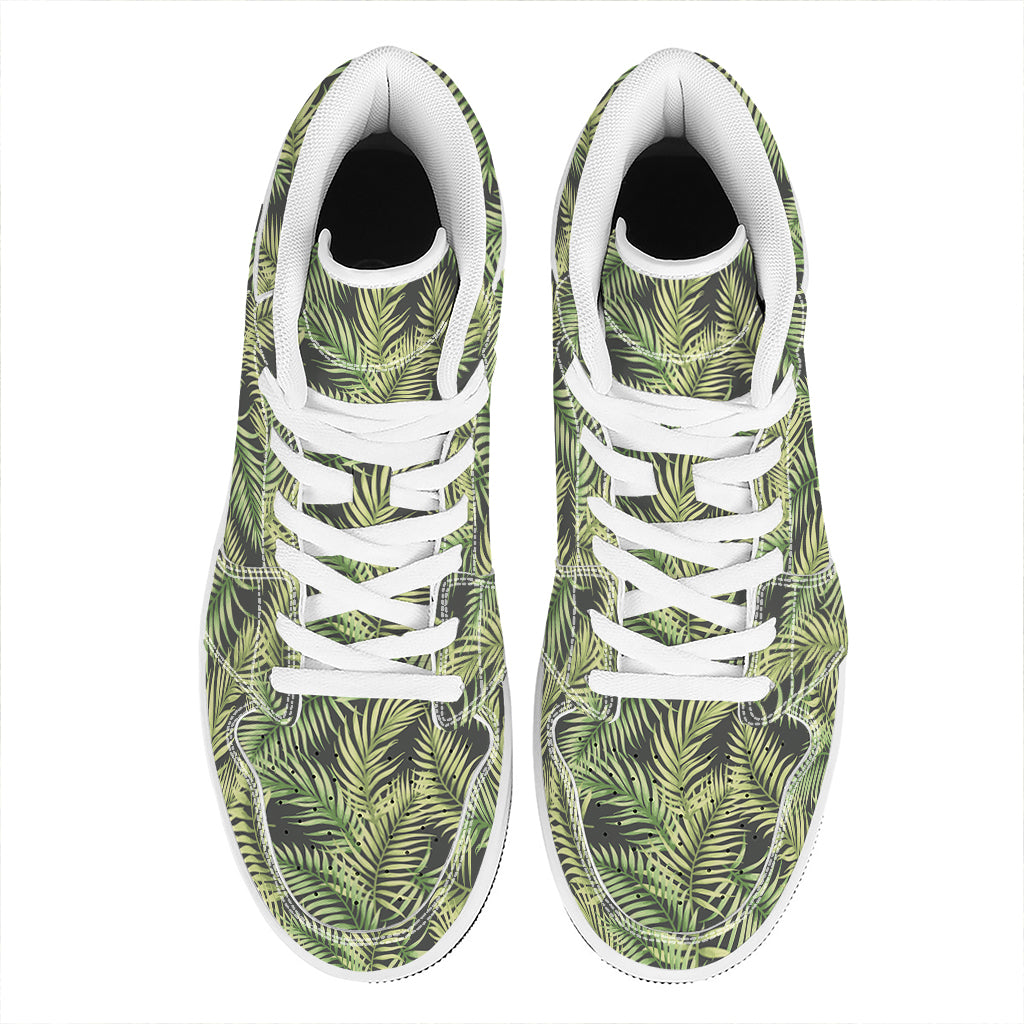 Green Tropical Palm Leaf Pattern Print High Top Leather Sneakers