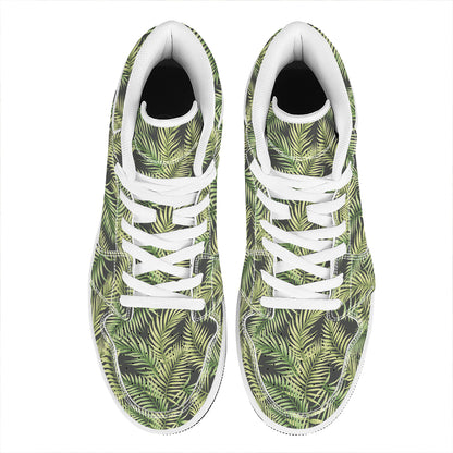 Green Tropical Palm Leaf Pattern Print High Top Leather Sneakers