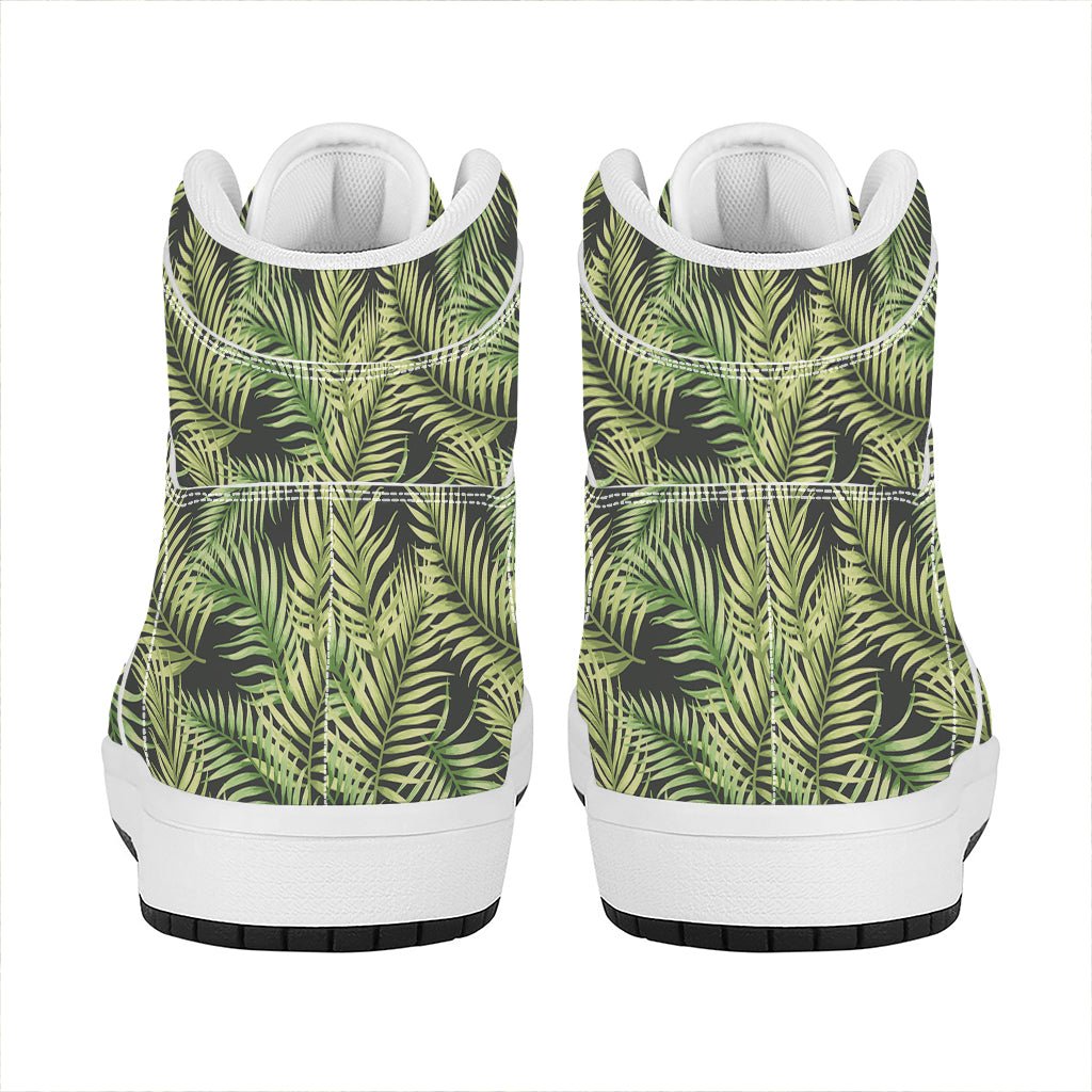 Green Tropical Palm Leaf Pattern Print High Top Leather Sneakers