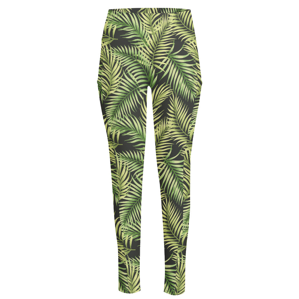Green Tropical Palm Leaf Pattern Print High-Waisted Pocket Leggings
