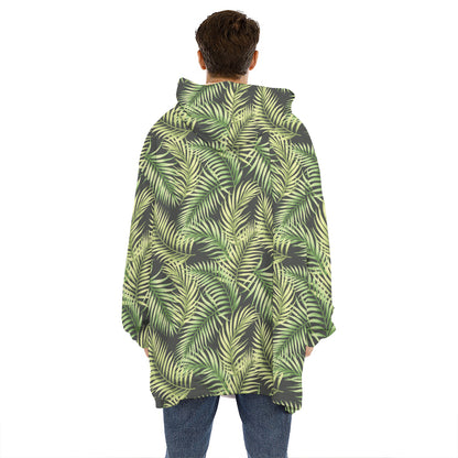 Green Tropical Palm Leaf Pattern Print Hoodie Blanket